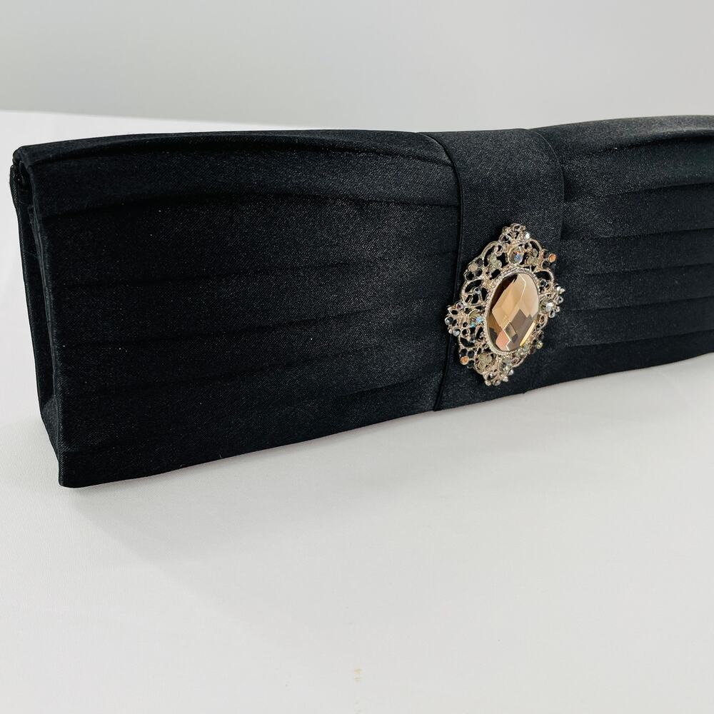 Women Clutch Black Dress Purse Rectangle Cord Strap Rhinestone Embellished - Picture 3 of 10